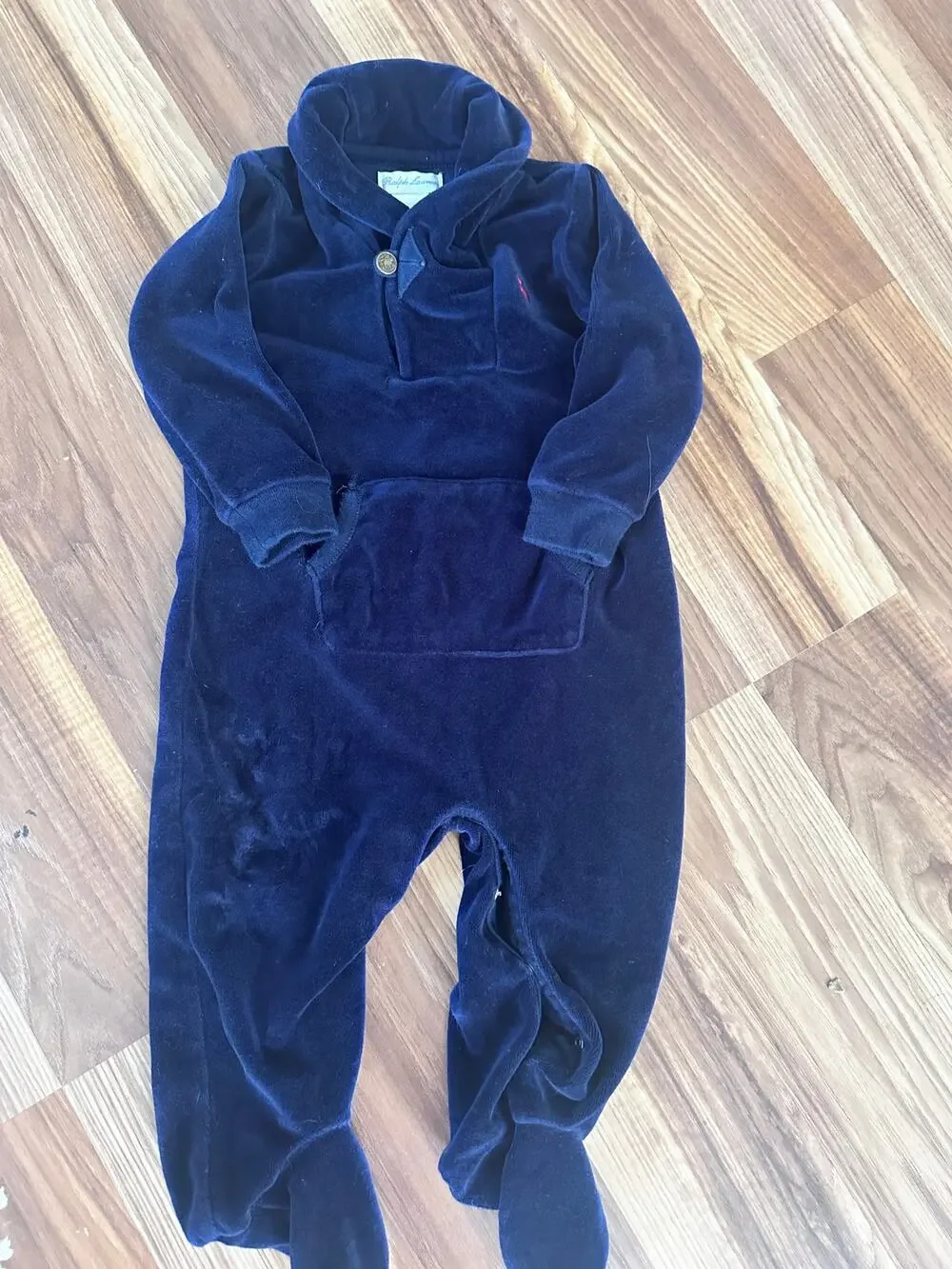 Ralph Lauren Baby Dark Blue Velour Onesie